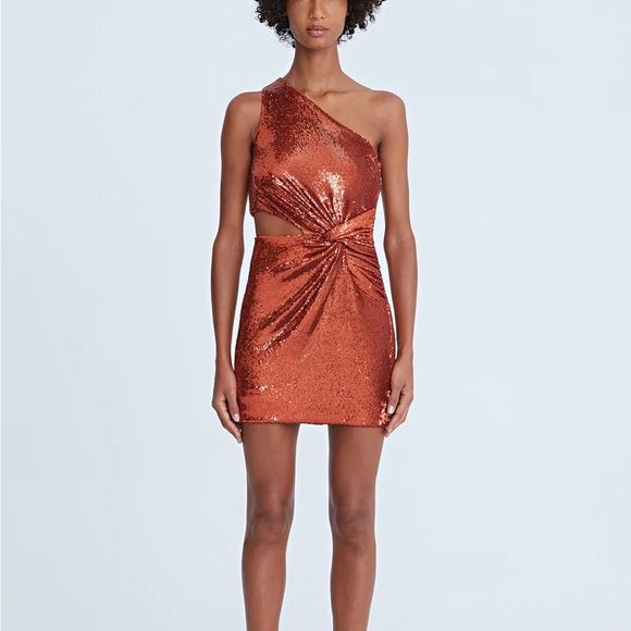 Halston Val Sequin One Shoulder Mini Dress - Orange Sequin, Brand New - Picture 1 of 6